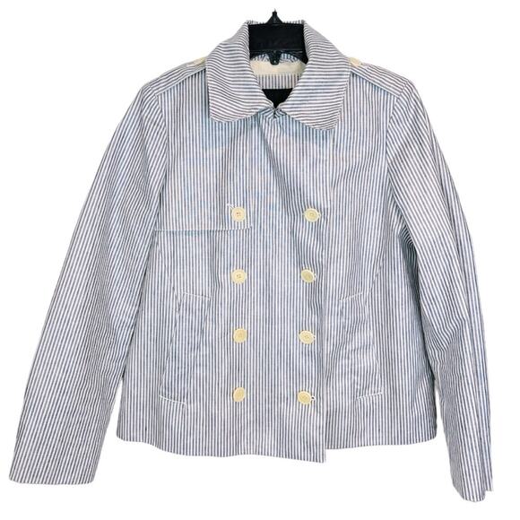 J. Crew Waxed Linen Blue and White Striped Crop Trench Jacket - Picture 5 of 16